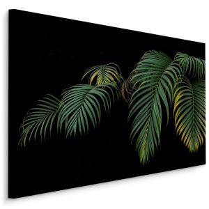 Schilderij - Tropische palmbladeren zwarte achtergrond, premium print