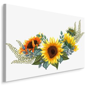 Schilderij - Zonnebloem en bladeren (print op canvas), premium print