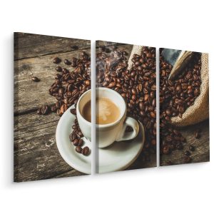 Schilderij - Een kop hete koffie en bonen, horeca, 3 luik, premium print