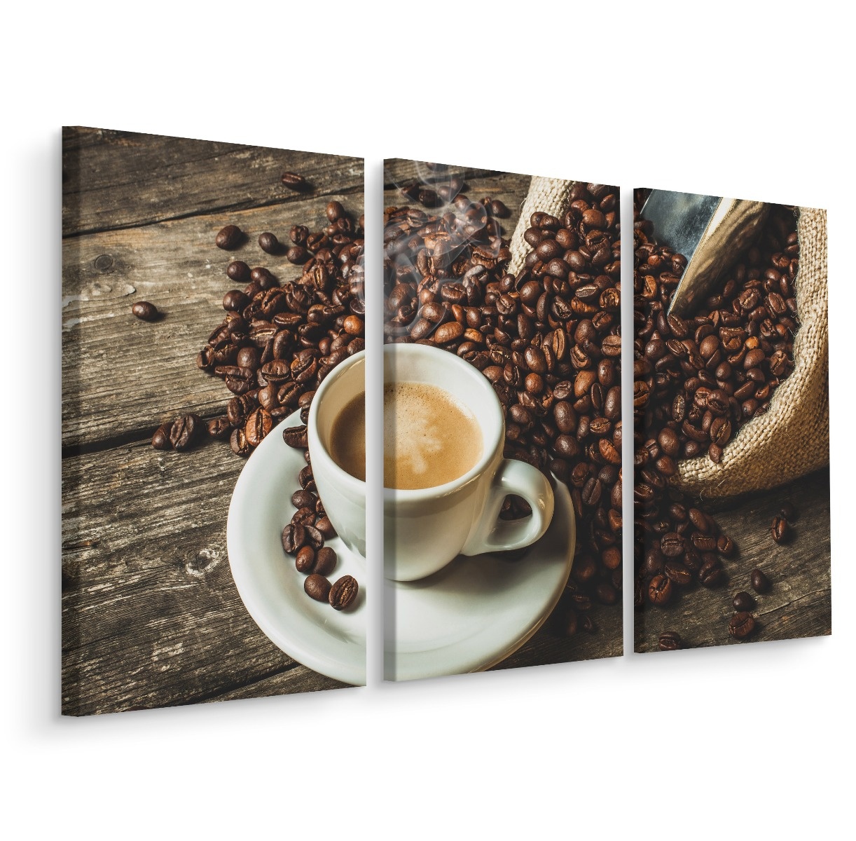Schilderij - Een kop hete koffie en bonen, horeca, 3 luik, premium print 1 Schilderij - Een kop hete koffie en bonen, horeca, 3 luik, premium print