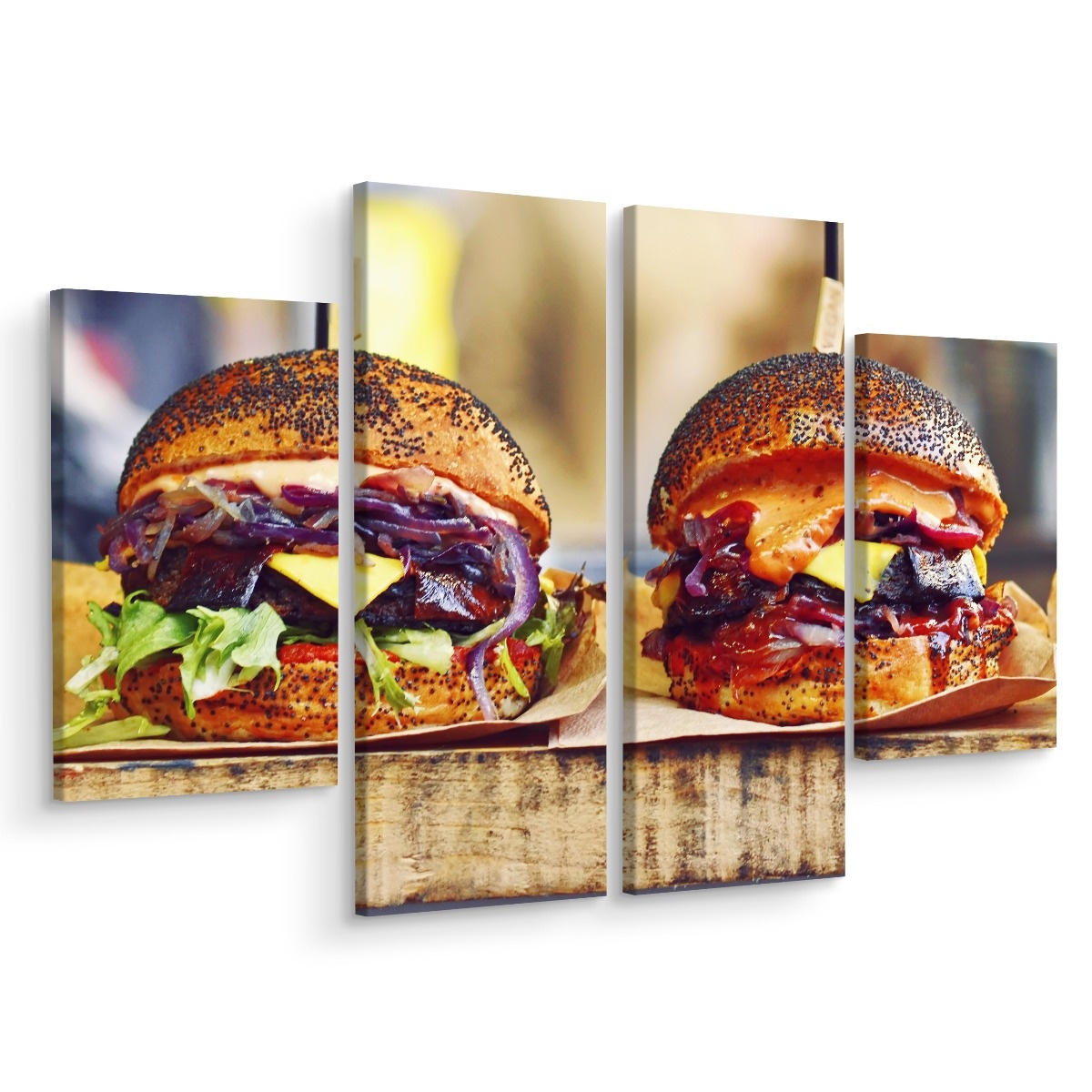 Schilderij - Veganistische hamburgers, vegan, 4 luik, premium print 1 Schilderij - Veganistische hamburgers, vegan, 4 luik, premium print