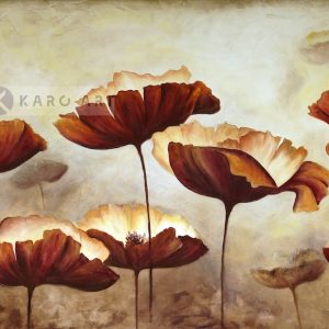 Schilderij - Klaprozen veld, Beige Bruin ,2 maten , print op canvas , Wanddecoratie