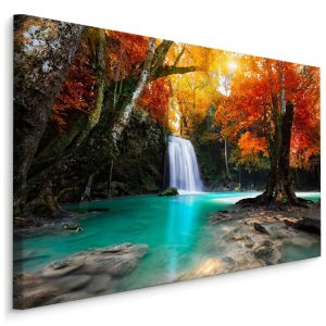 Schilderij - Waterval en herfst bos, multi-gekleurd, 4 maten, wanddecoratie