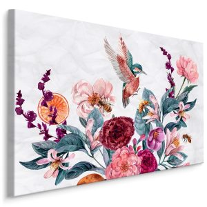 Schilderij - Bloemen en Kolibrie in Aquarel (print op canvas), multi-gekleurd, 4 maten, wanddecoratie