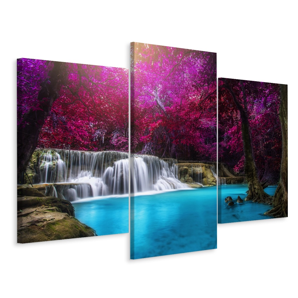 Schilderij - Kanchanaburi waterval Thailand, 3 luik, premium print 1 Schilderij - Kanchanaburi waterval Thailand, 3 luik, premium print