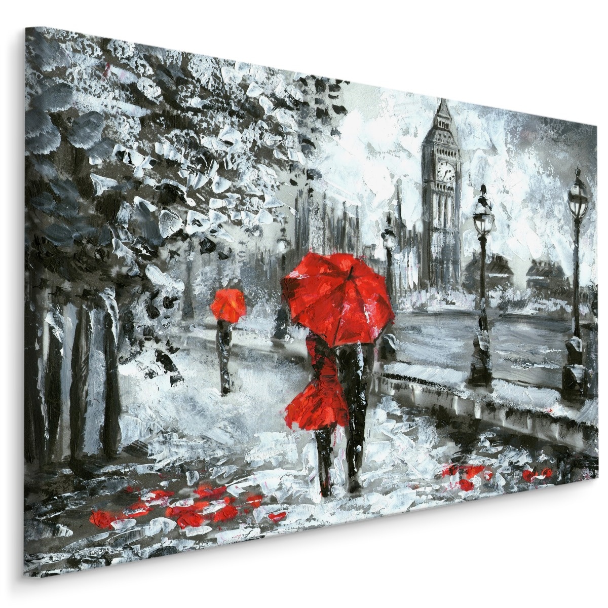 Schilderij - Regen in Londen (print op canvas), zwart-wit/rood, 4 maten, premium print 1 Schilderij - Regen in Londen (print op canvas), zwart-wit/rood, 4 maten, premium print