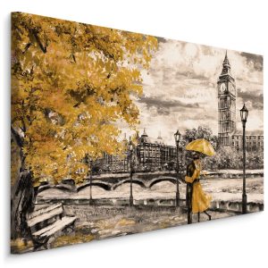 Top 30 meest verkochte schilderijen, populaire kunst 27 Schilderij - Geliefden in Londen (print op canvas), zwart-wit/geel, 4 maten, wanddecoratie