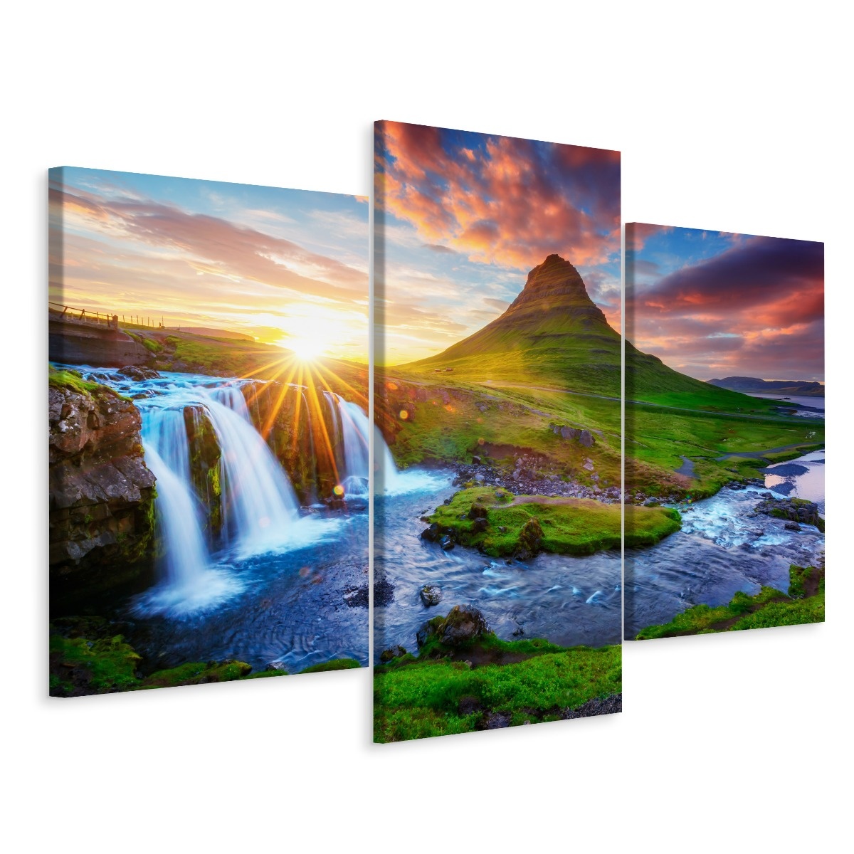 Schilderij - Zicht op de Kirkjufellsfoss Waterval IJsland, 3 luik, premium print 1 Schilderij - Zicht op de Kirkjufellsfoss Waterval IJsland, 3 luik, premium print