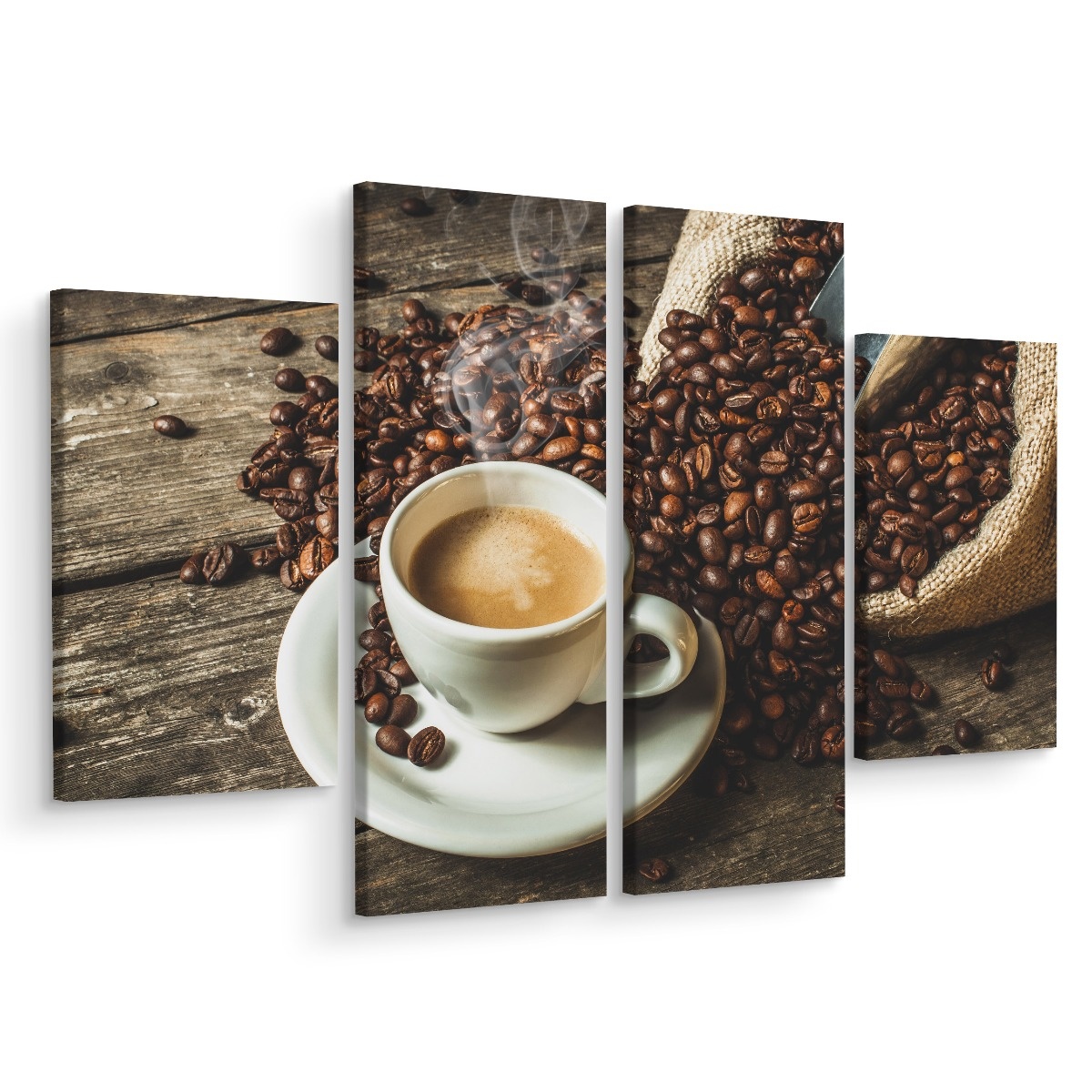 Schilderij - Een kop hete koffie en bonen, horeca, 4 luik, premium print 1 Schilderij - Een kop hete koffie en bonen, horeca, 4 luik, premium print